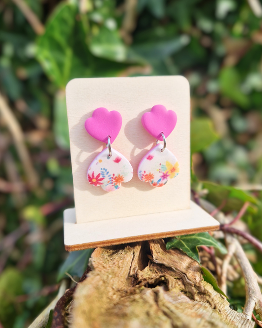 Scalloped Spring Floral Print Polymer Clay Drop Studs