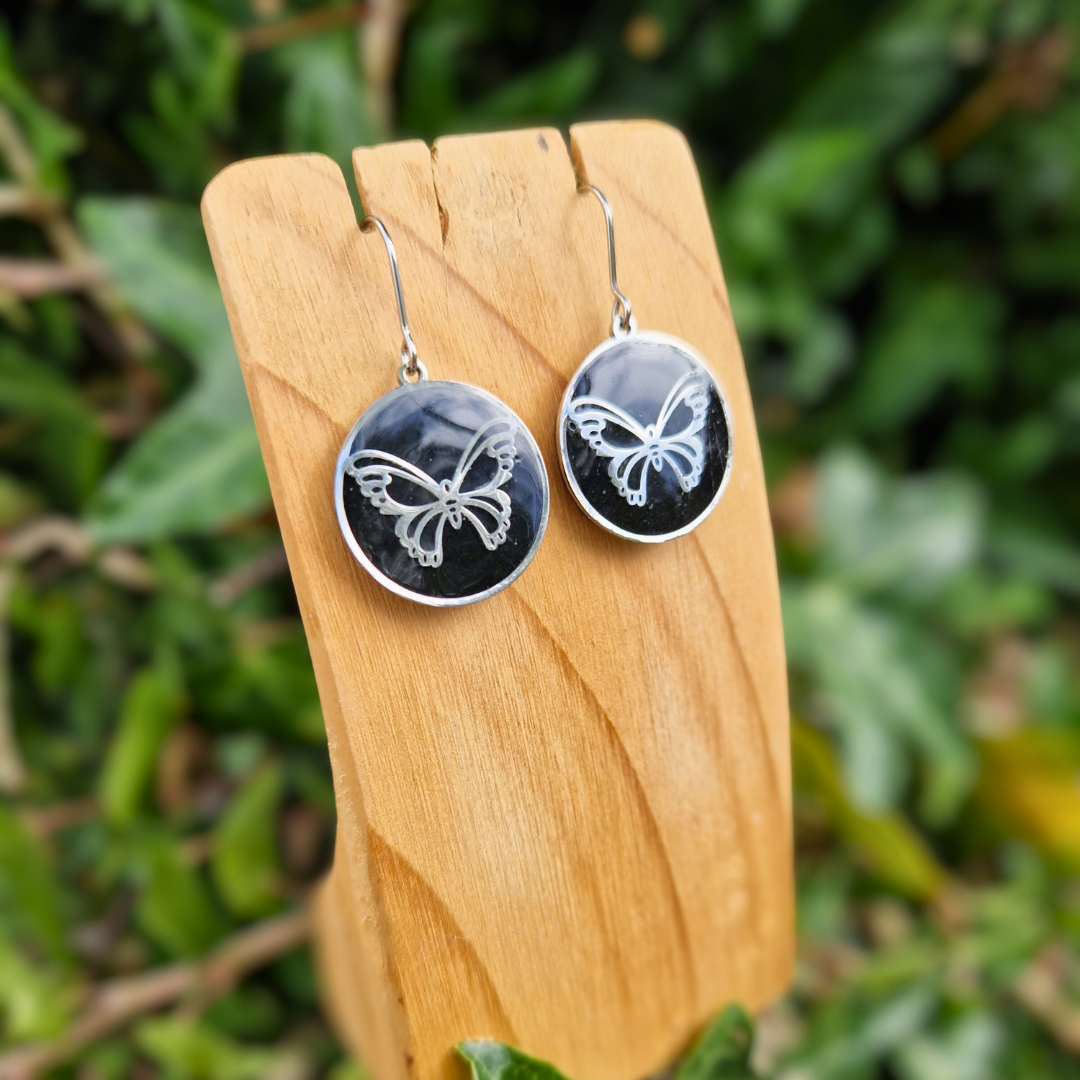 Polymer Clay and Resin Circle Frame Butterfly Hook Earrings