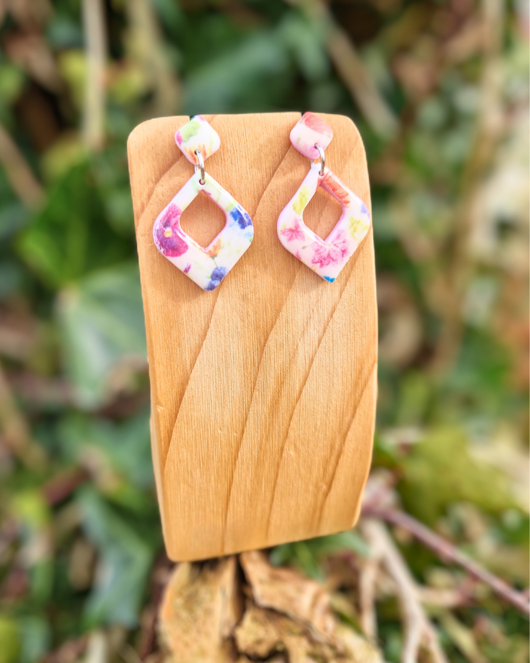 Spring Florals Hollow Diamond Polymer Clay Drop Studs