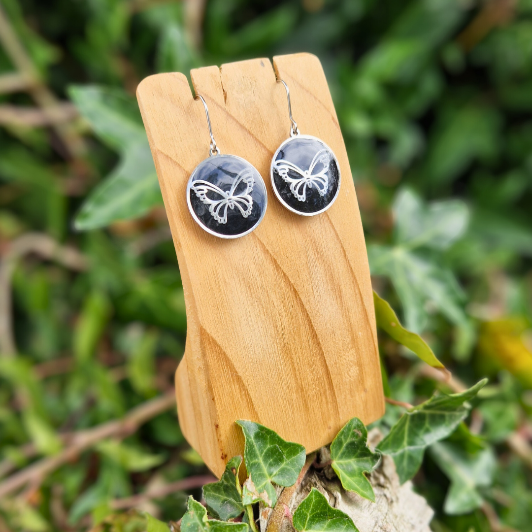 Polymer Clay and Resin Circle Frame Butterfly Hook Earrings