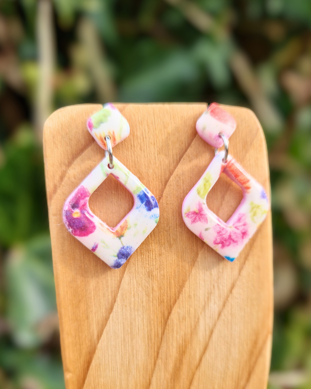 Spring Florals Hollow Diamond Polymer Clay Drop Studs