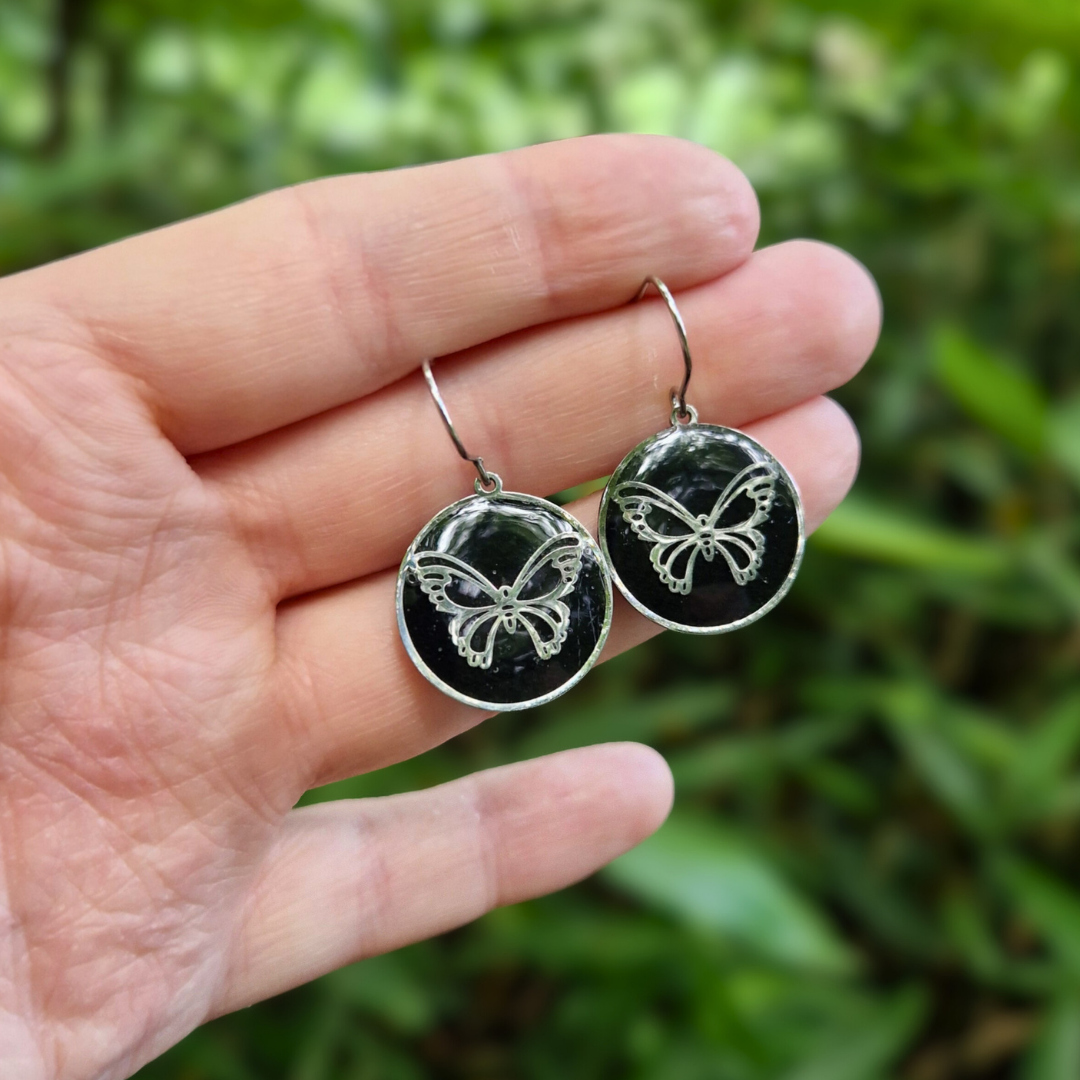 Polymer Clay and Resin Circle Frame Butterfly Hook Earrings