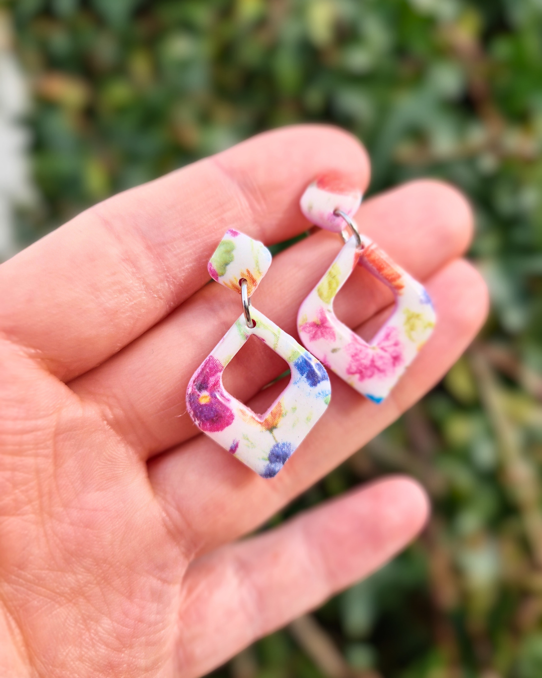 Spring Florals Hollow Diamond Polymer Clay Drop Studs