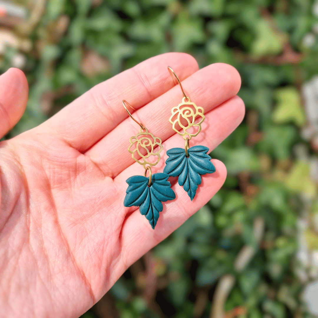 Classic Rose Leaf Polymer Clay Hook Earrings