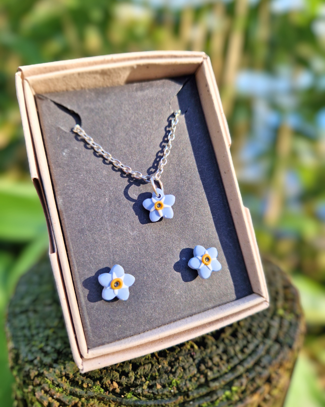 Dainty Polymer Clay Forget-me-not Stud & Necklace Set