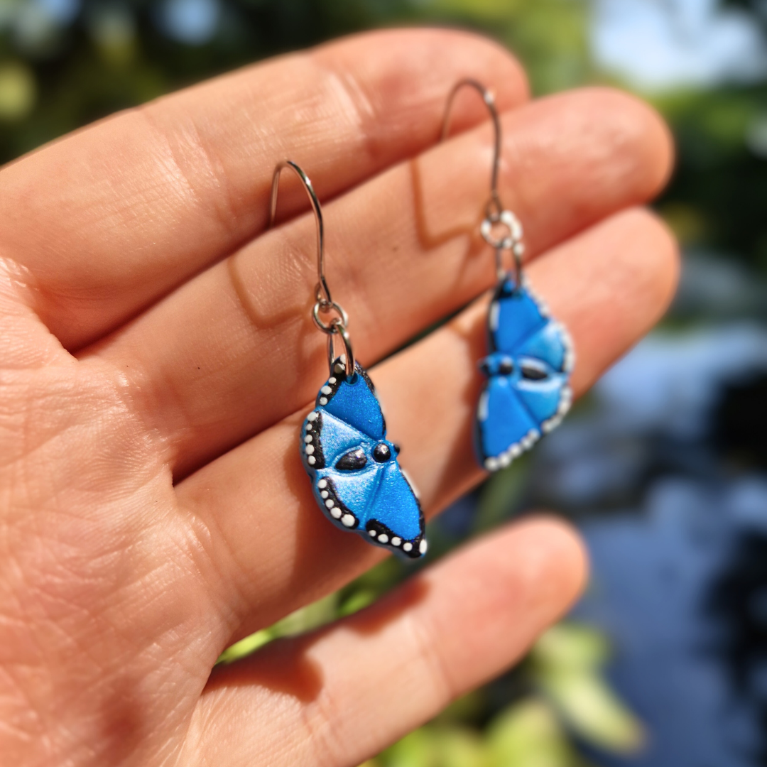 Hand Painted Blue Morpho Butterfly Hook Earrings