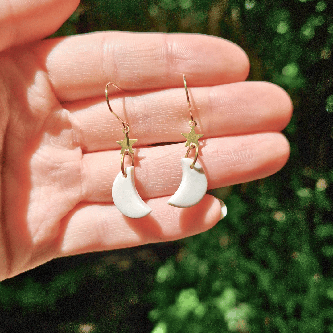 Speckled White and Gold Moon and Star Earrings