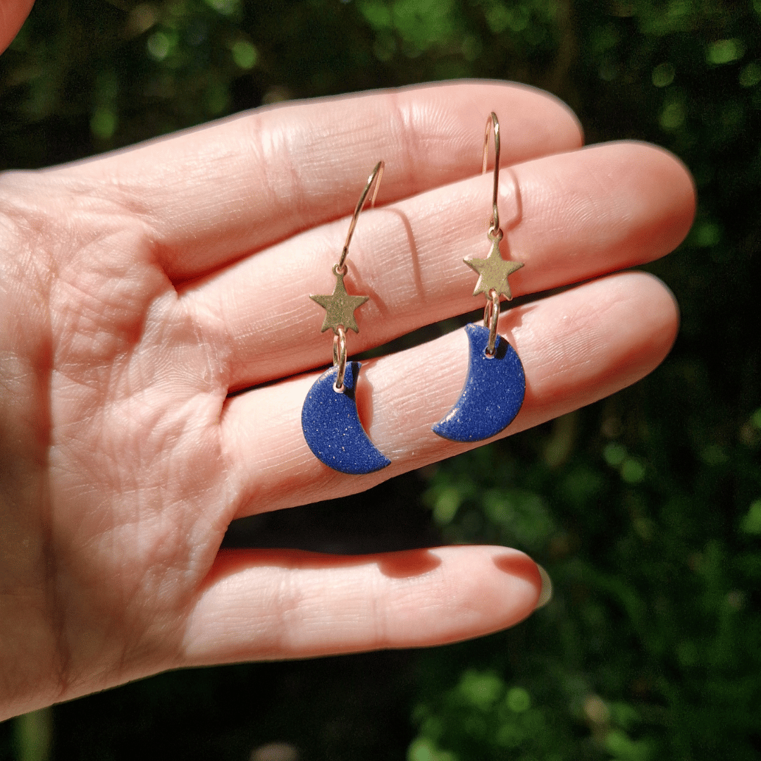 Glittery Navy and Gold Moon and Star Earrings