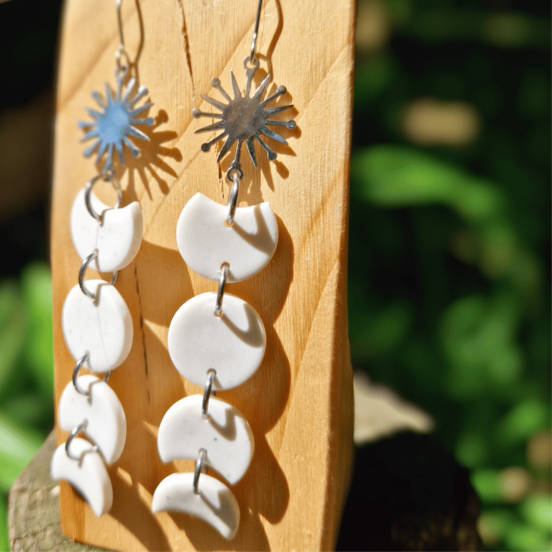 Speckled White and Silver Moon Phase Drop Earrings
