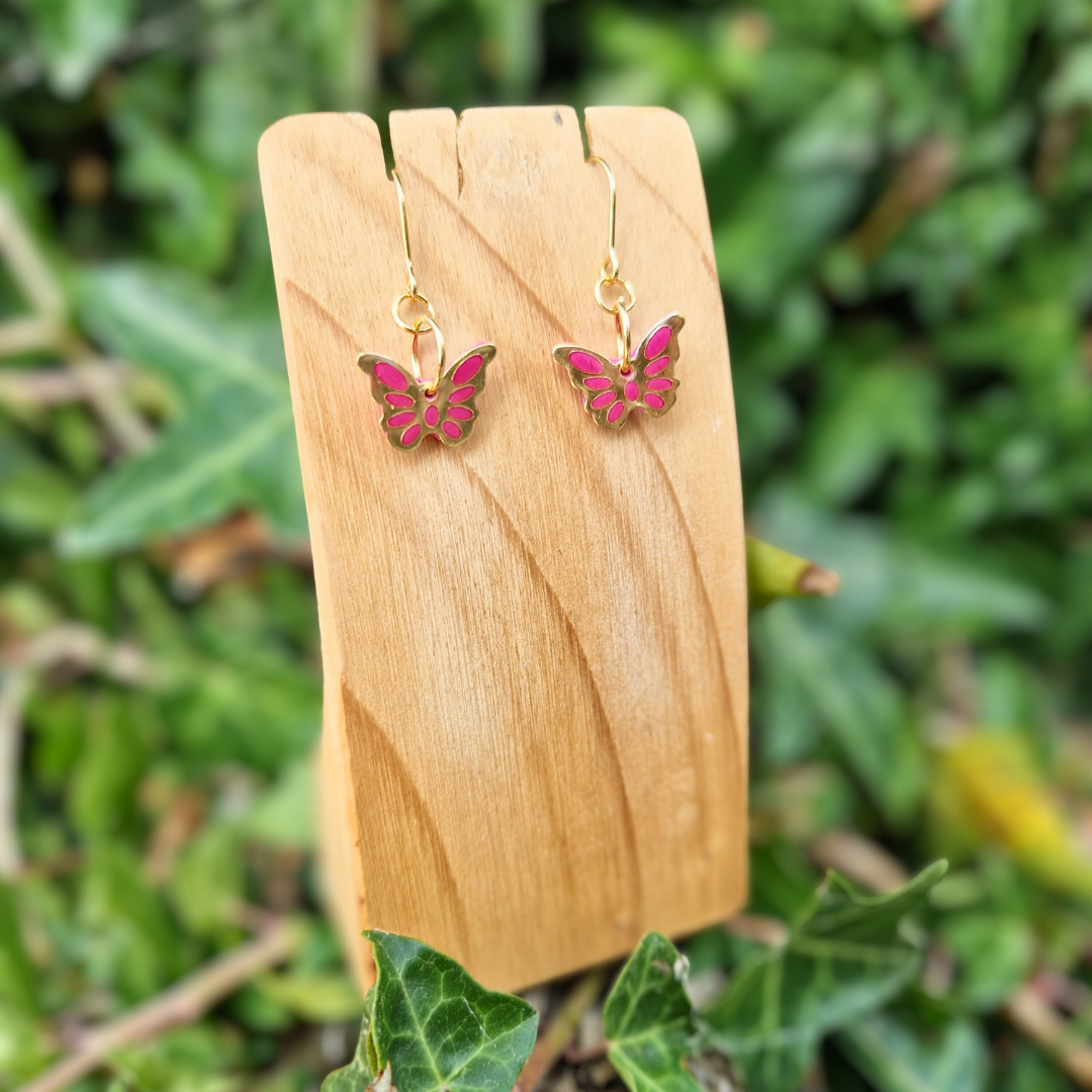 Polymer Clay and Resin Butterfly charm Hook Earrings | Pink