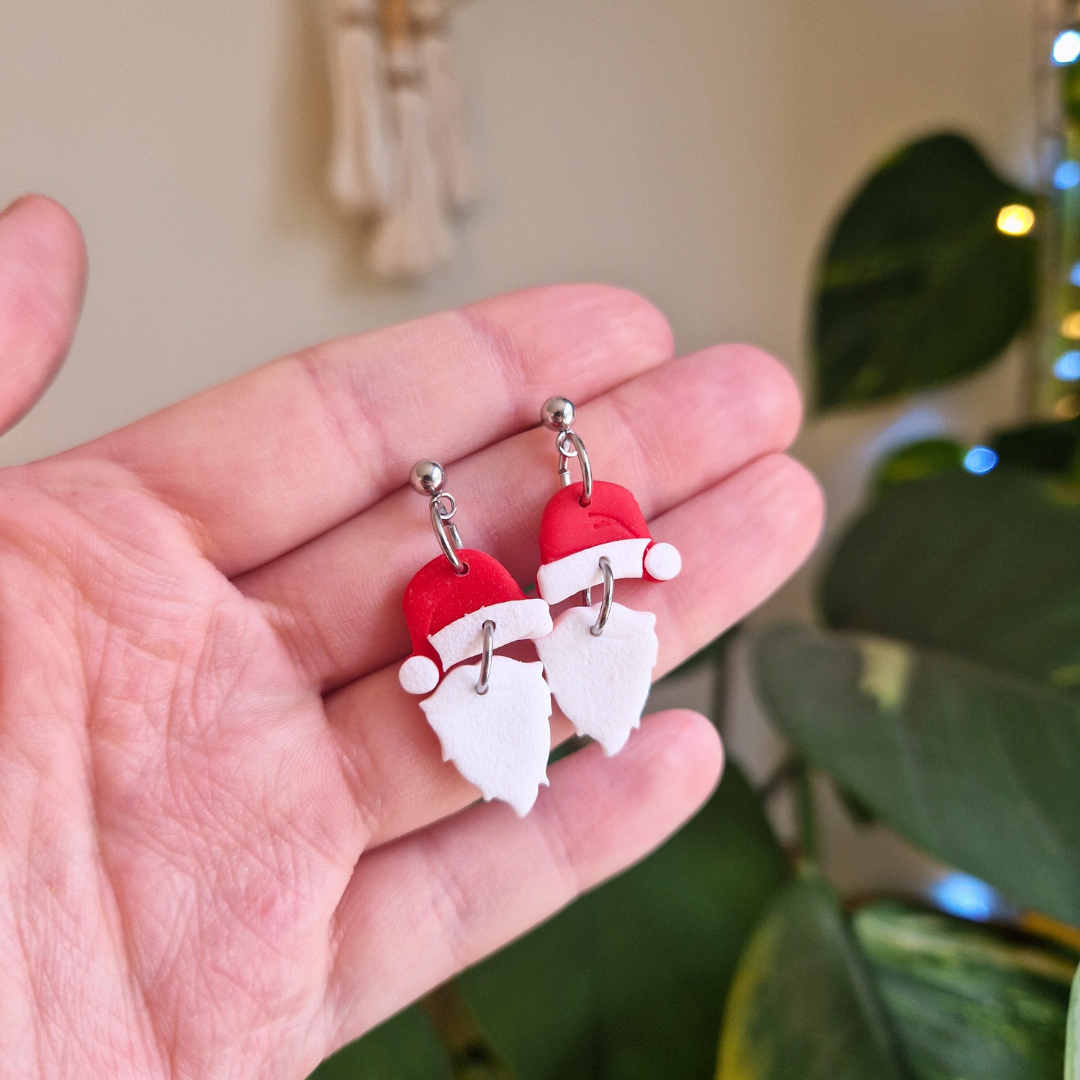 Santa Hat & Beard Drop Stud Earrings