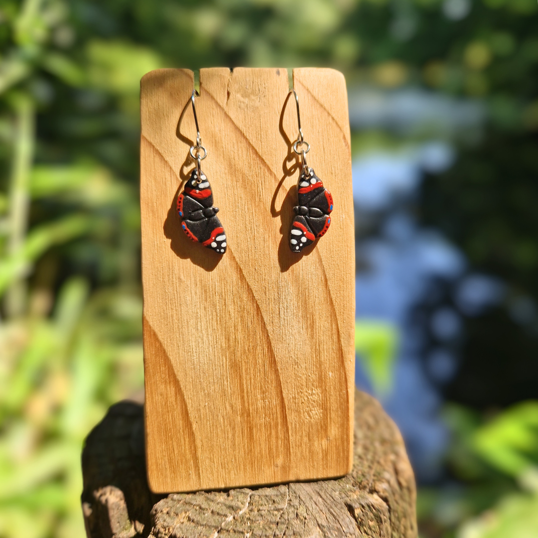 Hand Painted Red Admiral Butterfly Hook Earrings