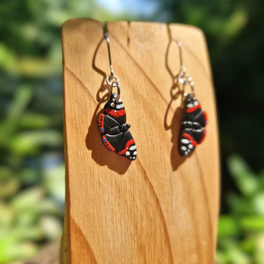 Hand Painted Red Admiral Butterfly Hook Earrings