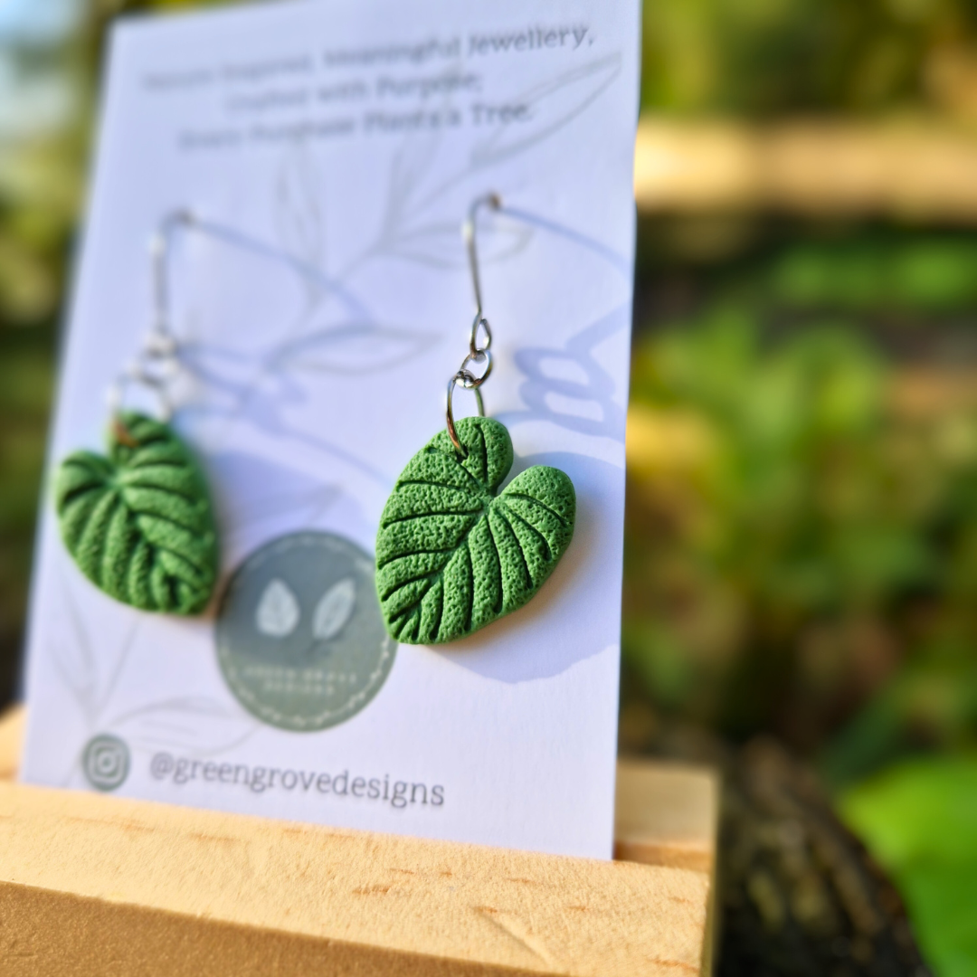 Philodendron Leaf Polymer Clay Hook Earrings