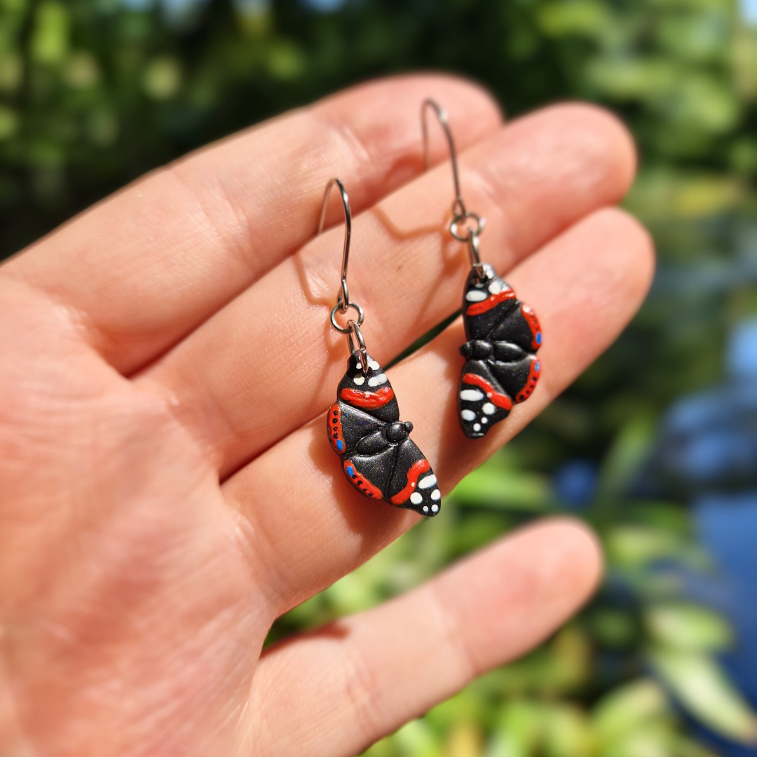 Hand Painted Red Admiral Butterfly Hook Earrings