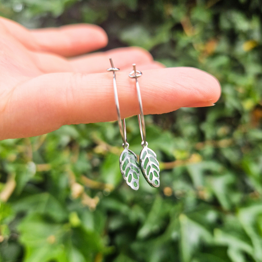 Resin and Polymer Clay Dainty Leaf Charm Hoop Earrings