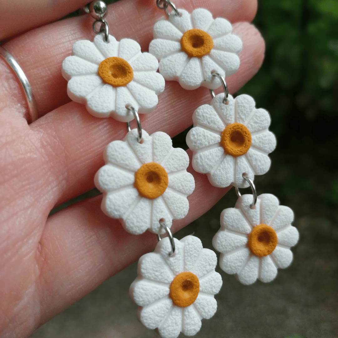 Detail Close Up Shot of the Daisy Chain Polymer Clay Drop Stud Earrings.