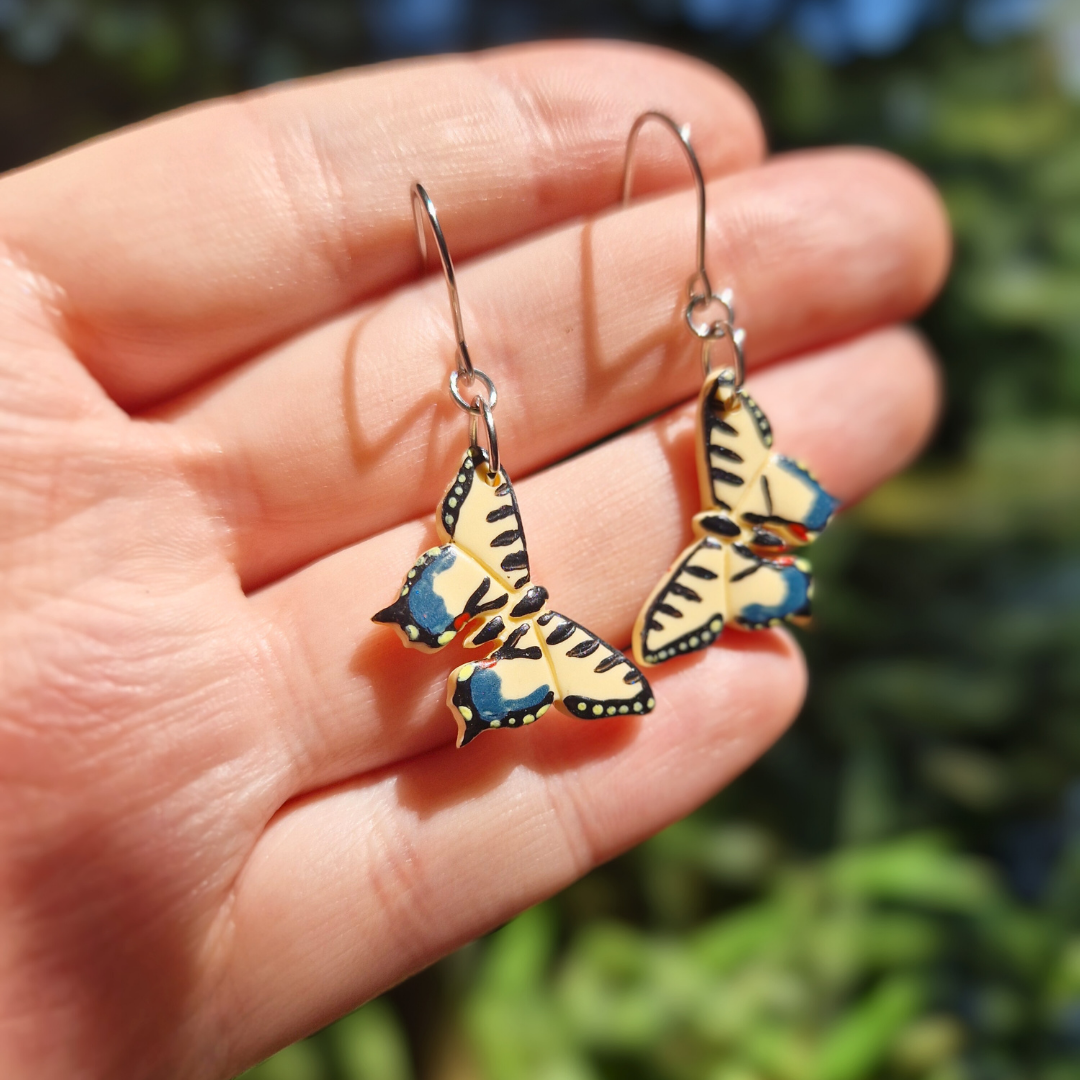 Hand Painted Swallowtail Tiger Butterfly Hook Earrings