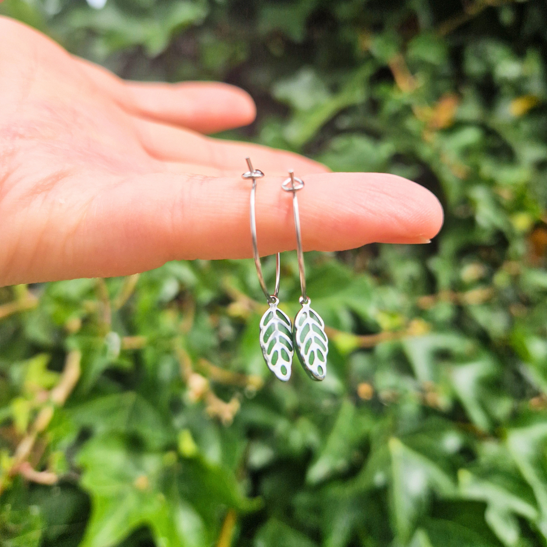 Resin and Polymer Clay Dainty Leaf Charm Hoop Earrings
