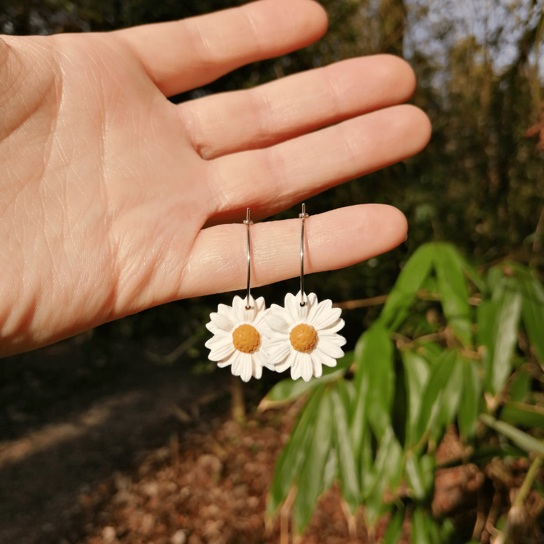 Polymer Clay Hoop Earrings in Hand for Scale, Hand Crafted in Dorset.