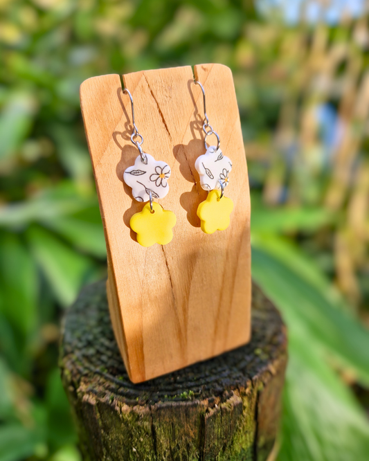 Double Daisy Polymer Clay Spring Drop Earrings