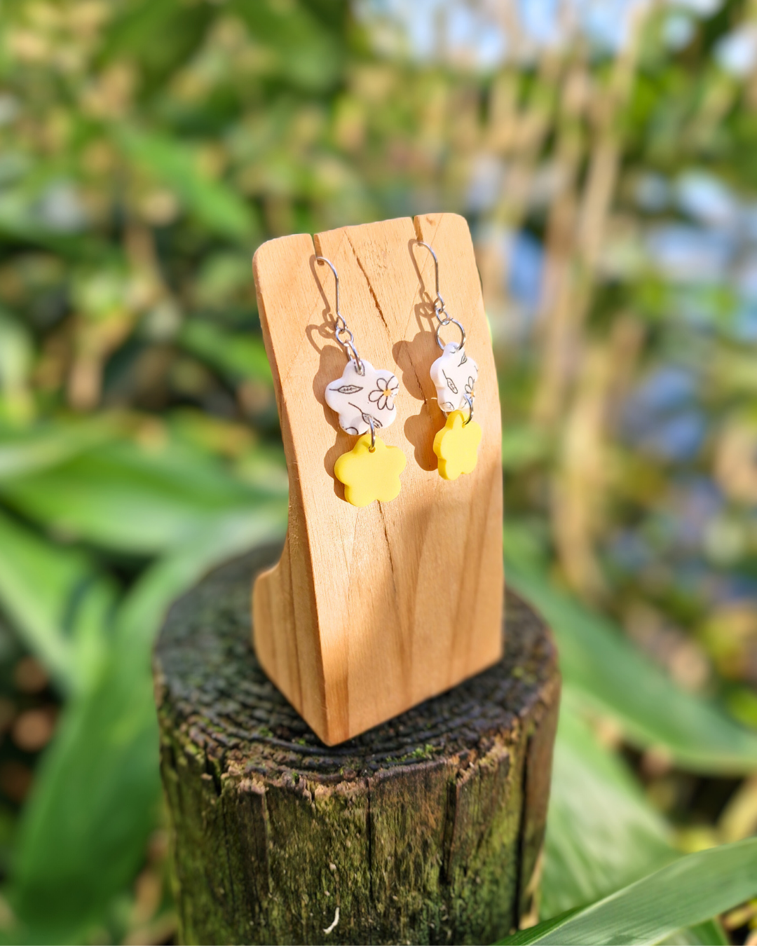 Double Daisy Polymer Clay Spring Drop Earrings