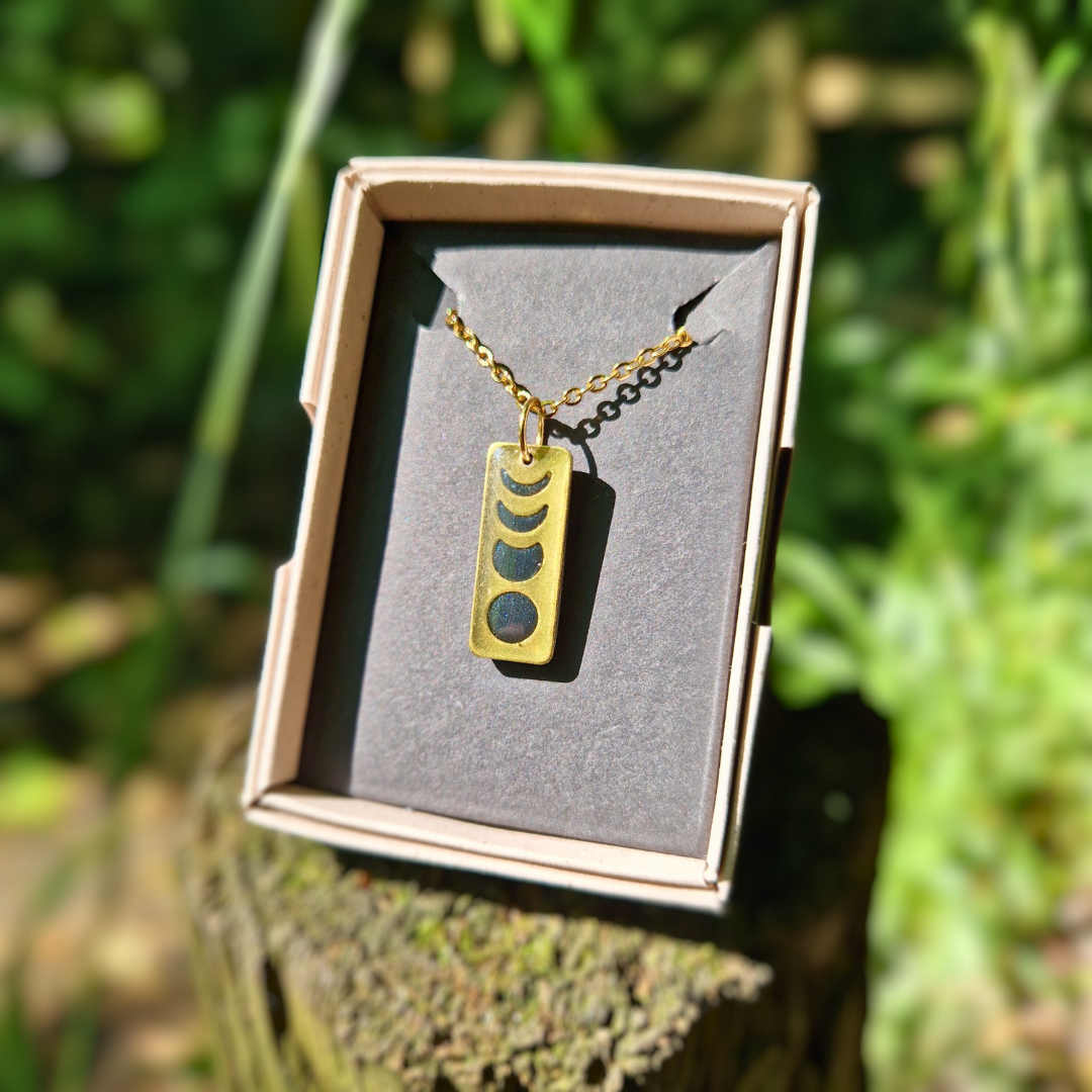 Galaxy Blue Rectangle Moon Phase 20" Necklace