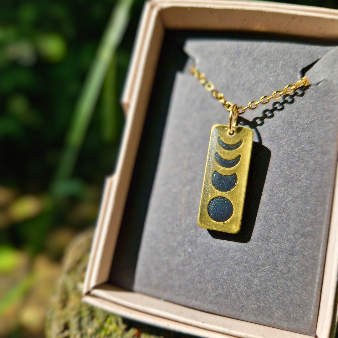 Galaxy Blue Rectangle Moon Phase 20" Necklace