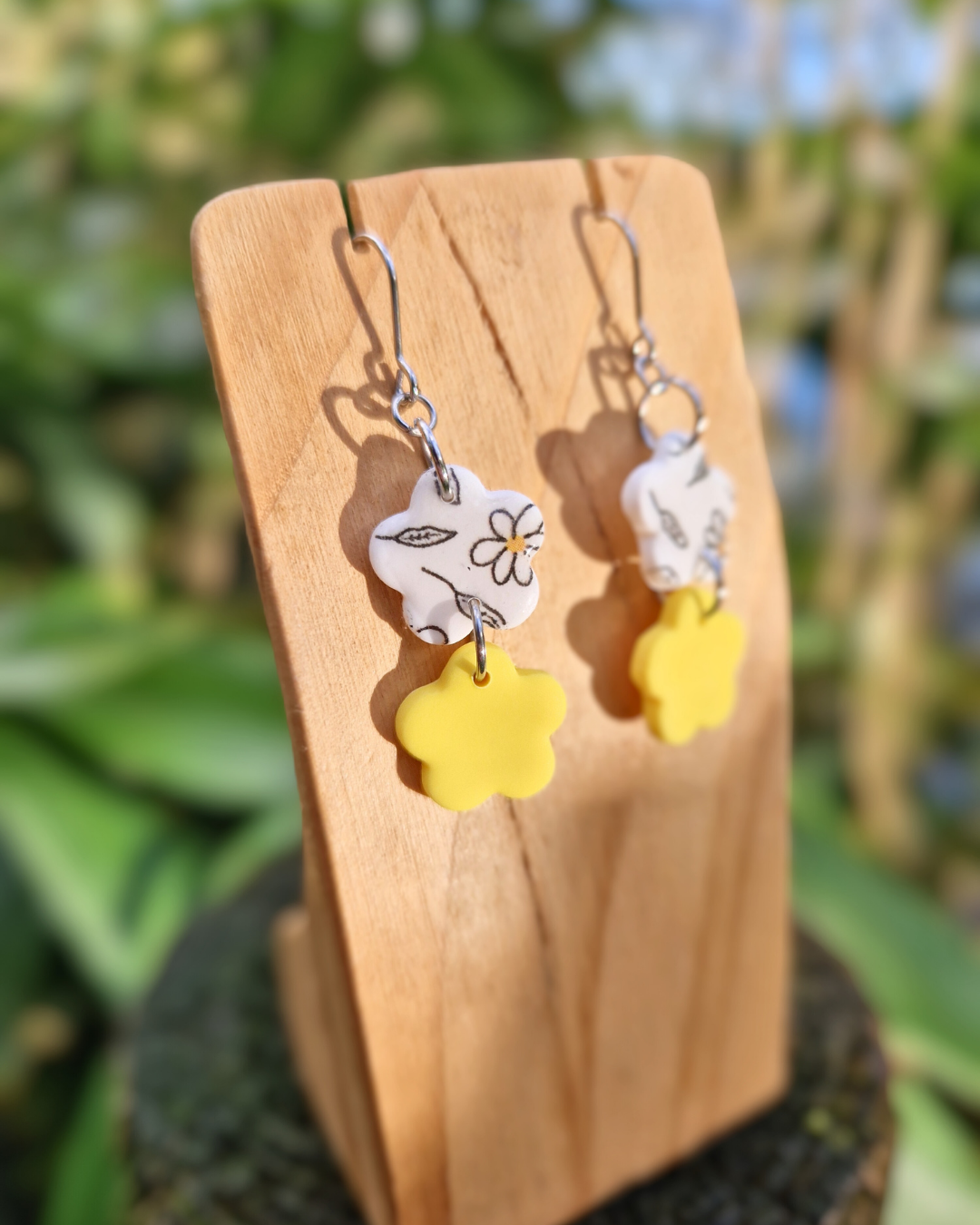 Double Daisy Polymer Clay Spring Drop Earrings