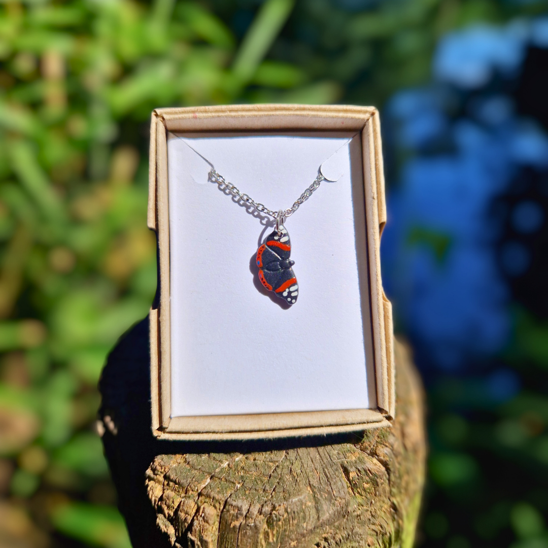 Hand Painted Red Admiral Butterfly Necklace | 20"