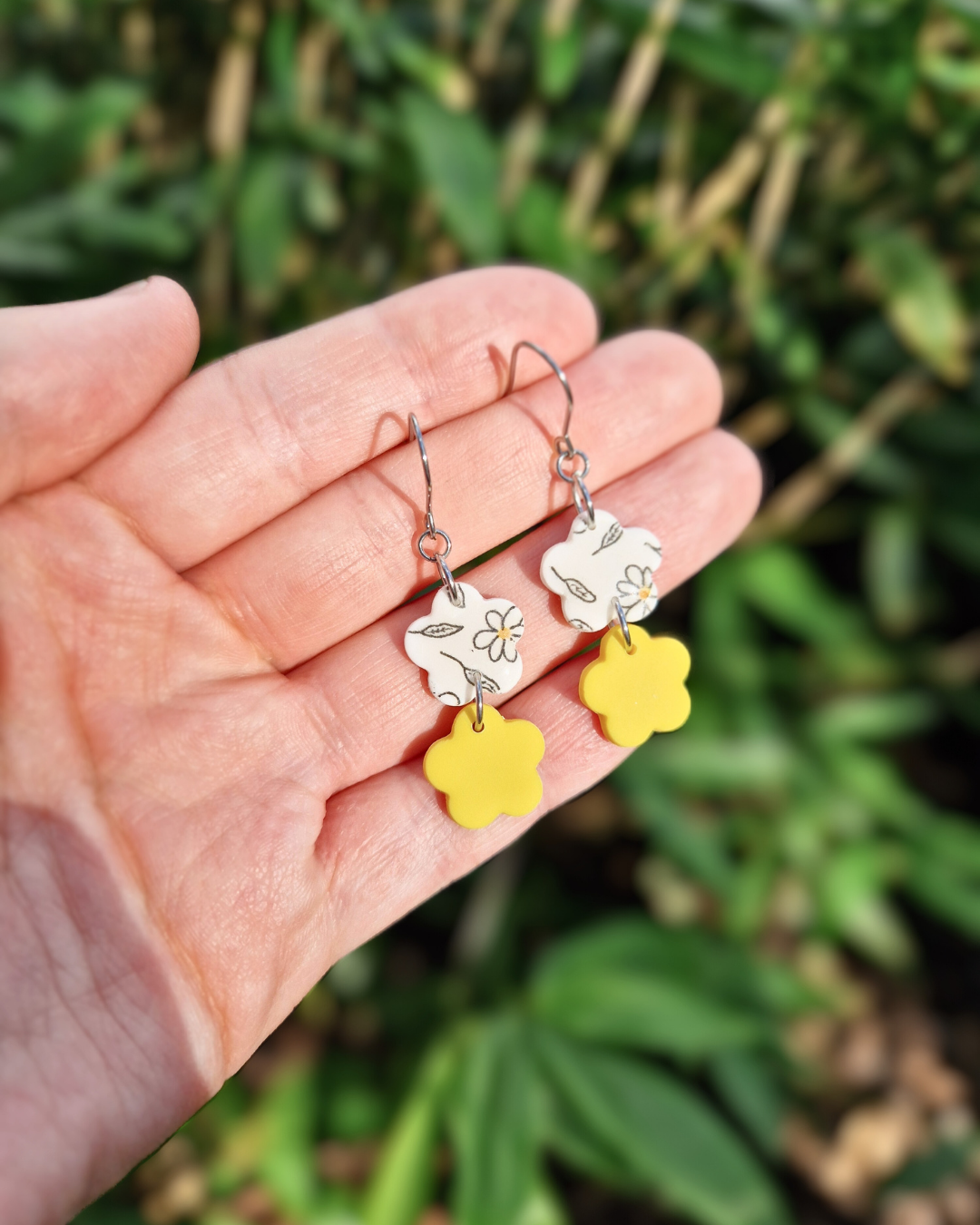 Double Daisy Polymer Clay Spring Drop Earrings