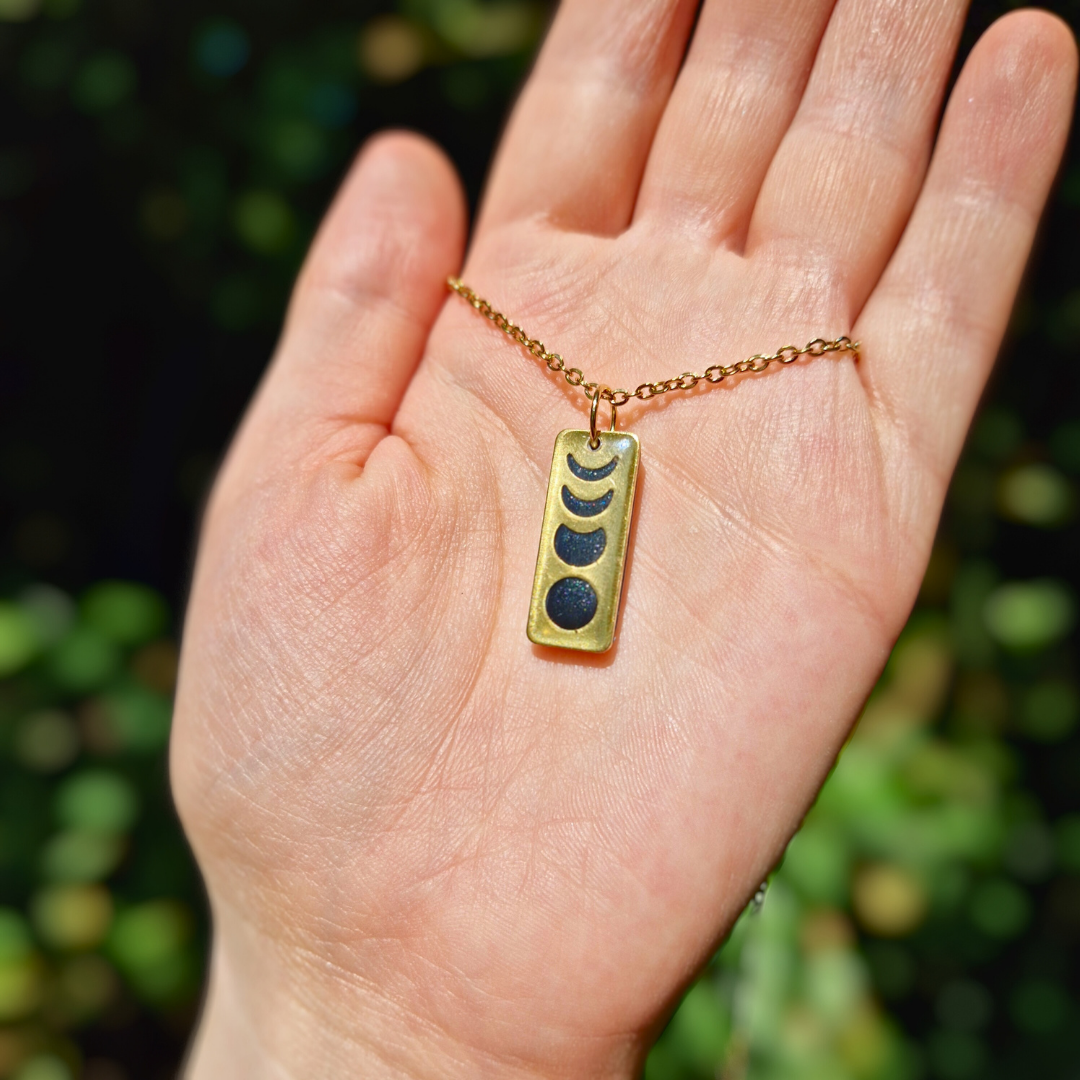 Galaxy Blue Rectangle Moon Phase 20" Necklace