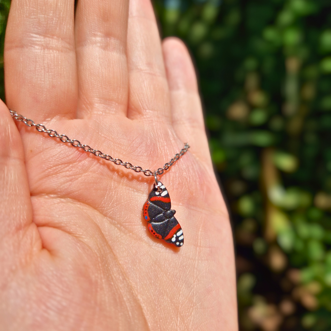 Hand Painted Red Admiral Butterfly Necklace | 20"