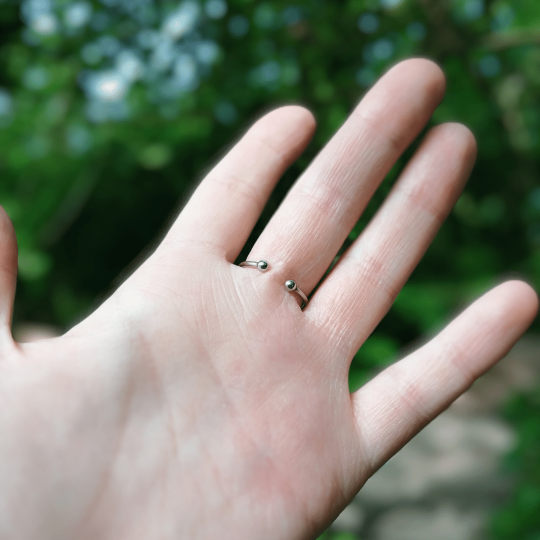 Showing the Back of our Adjustable Daisy Ring on Finger.