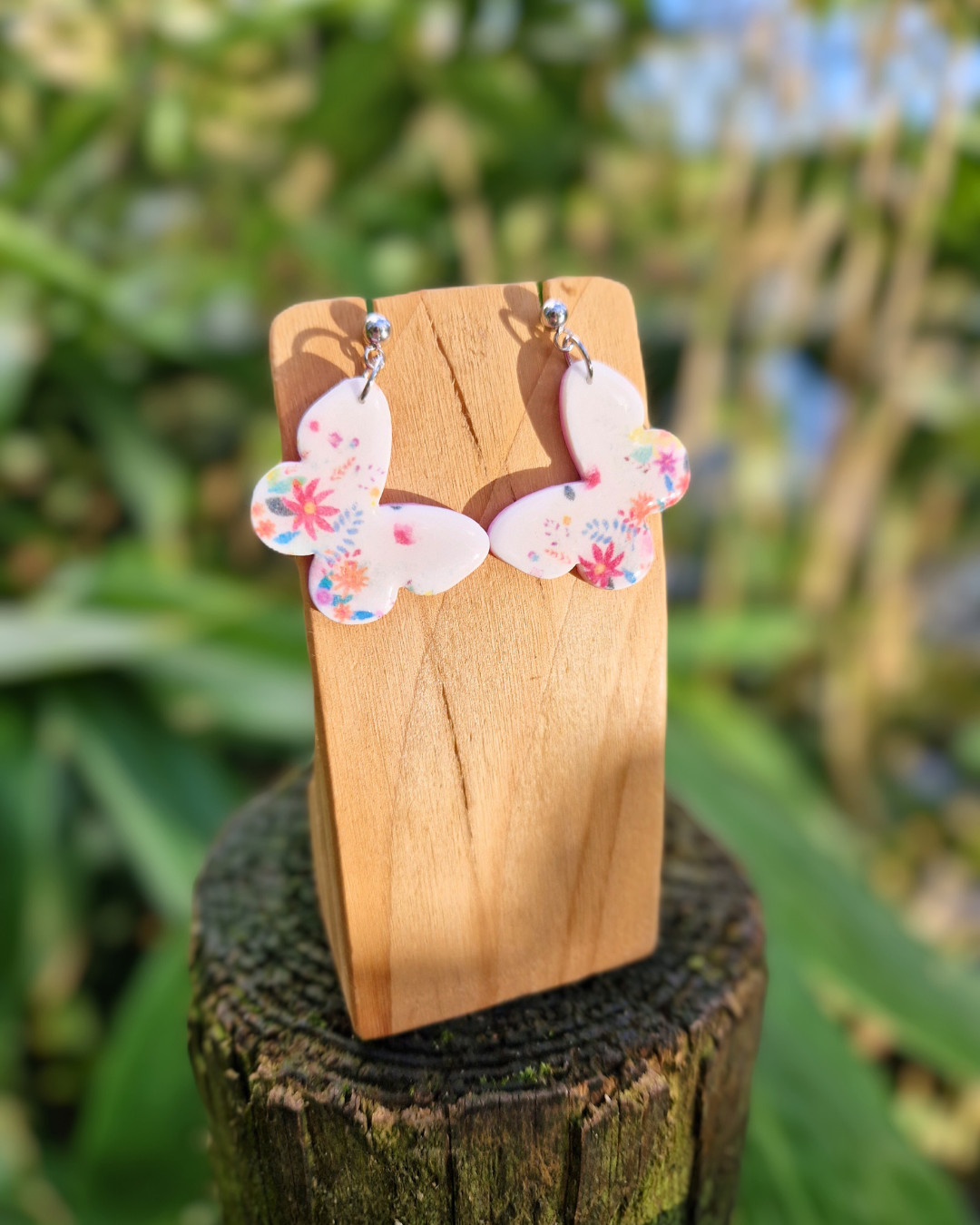 Floral Print Polymer Clay Butterfly Drop Studs