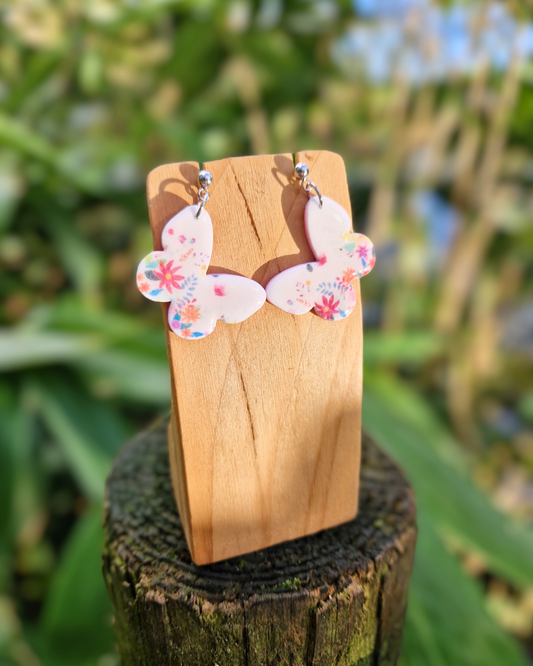 Floral Print Polymer Clay Butterfly Drop Studs