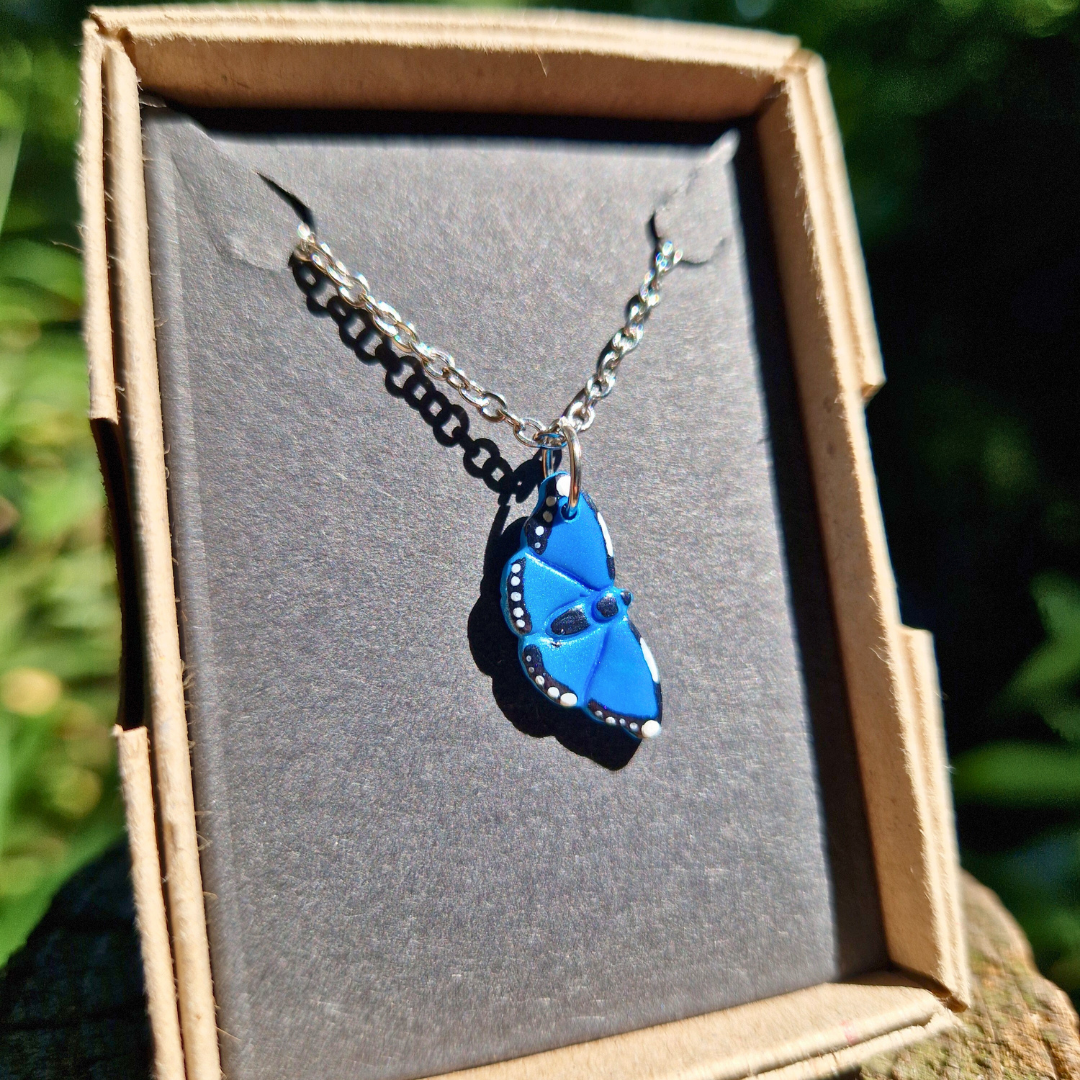 Hand Painted Blue Morpho Butterfly Necklace | 20"