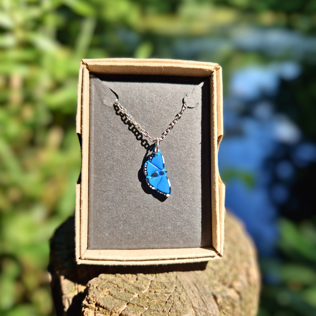 Hand Painted Blue Morpho Butterfly Necklace | 20"
