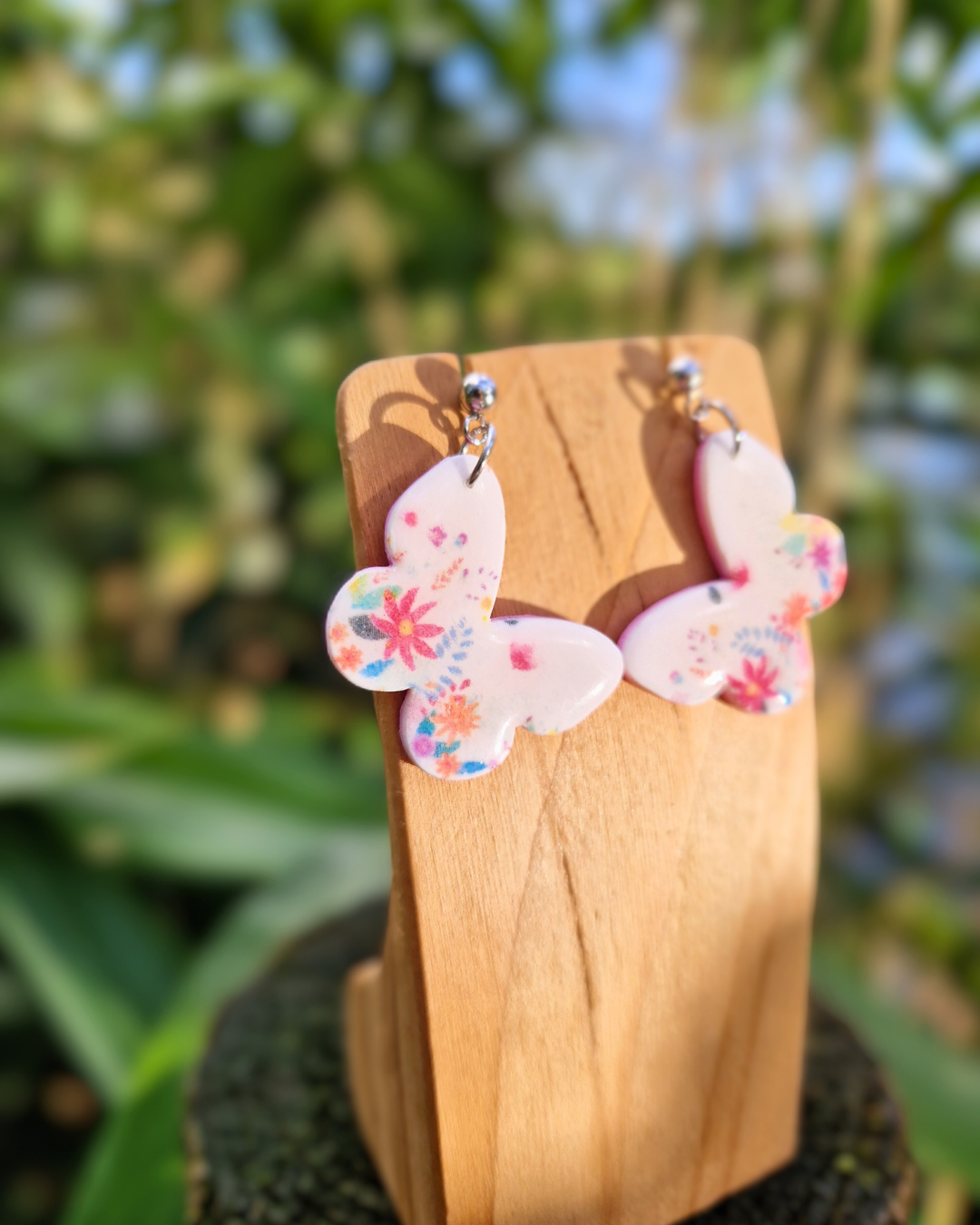 Floral Print Polymer Clay Butterfly Drop Studs