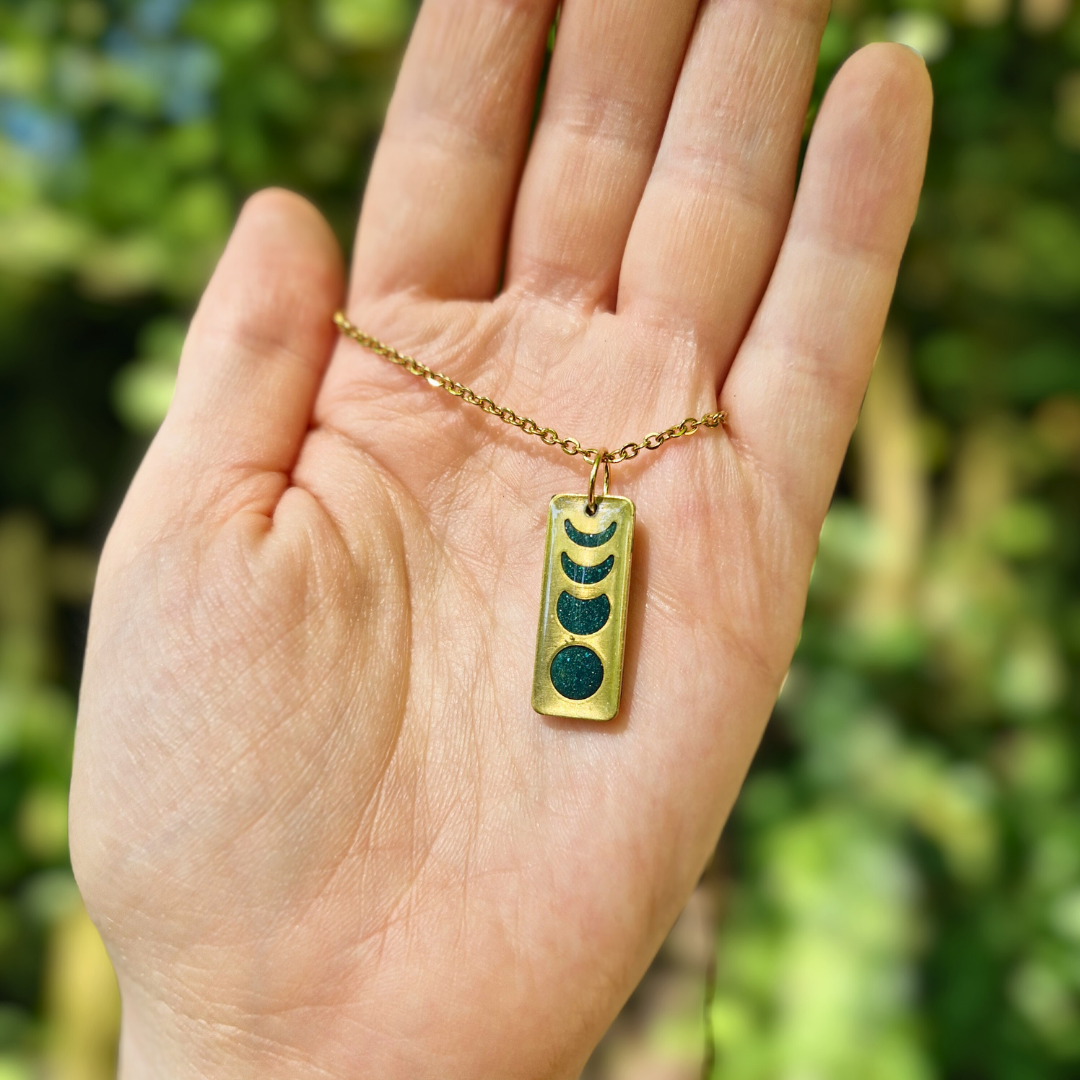 Glitter Green Rectangle Moon Phase 20" Necklace