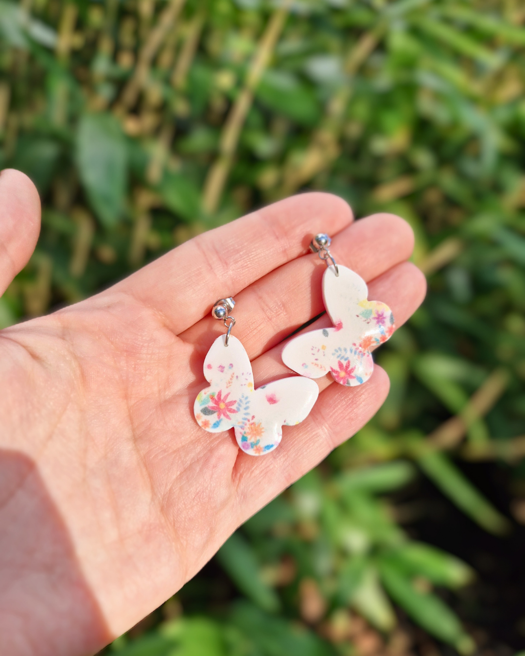 Floral Print Polymer Clay Butterfly Drop Studs