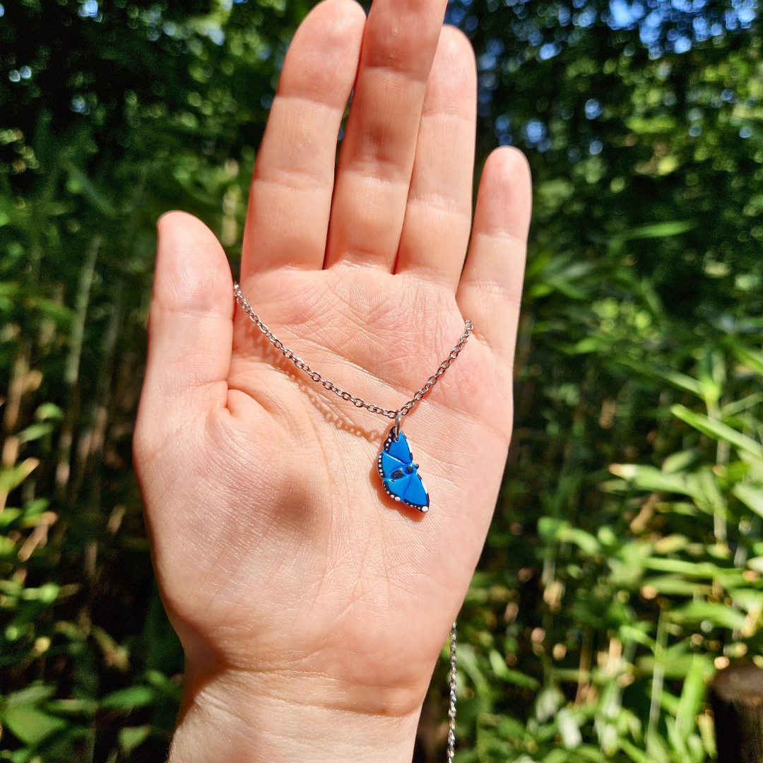 Hand Painted Blue Morpho Butterfly Necklace | 20"