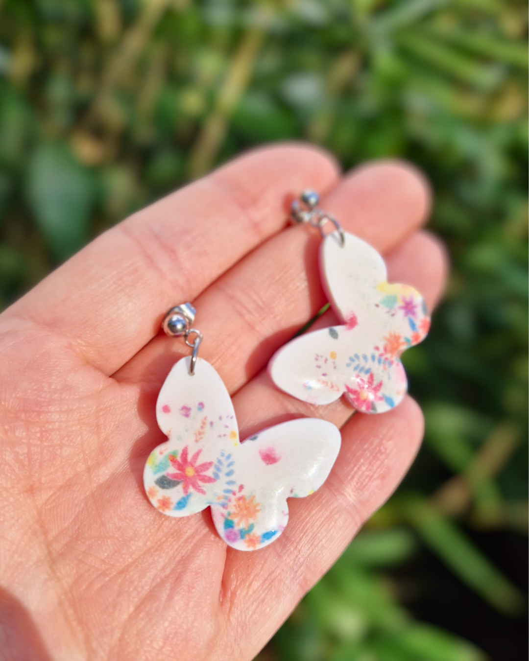 Floral Print Polymer Clay Butterfly Drop Studs