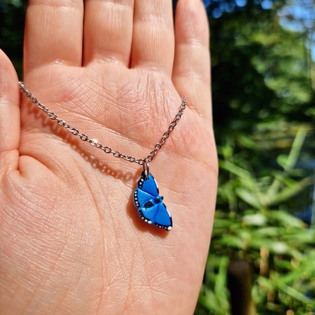 Hand Painted Blue Morpho Butterfly Necklace | 20"