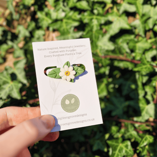 Daisy and Leaf Polymer Clay Brooch, Hand Crafted in Dorset Thumbnail.