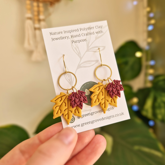 Duo Maple Leaf Drop Earrings with Brass Accent