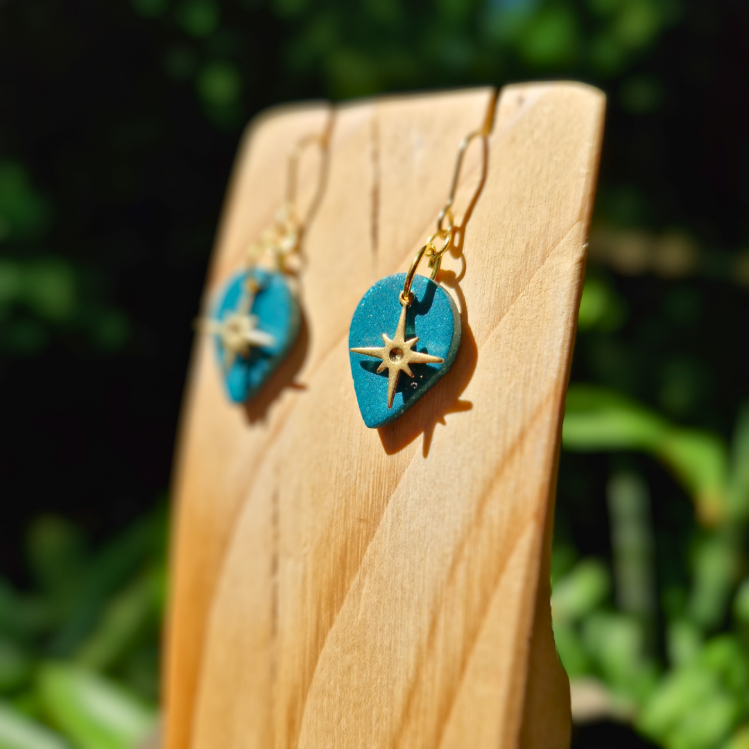 Close up Detail Image of the Glitter Green Polymer Clay North Star Teardrop Earrings