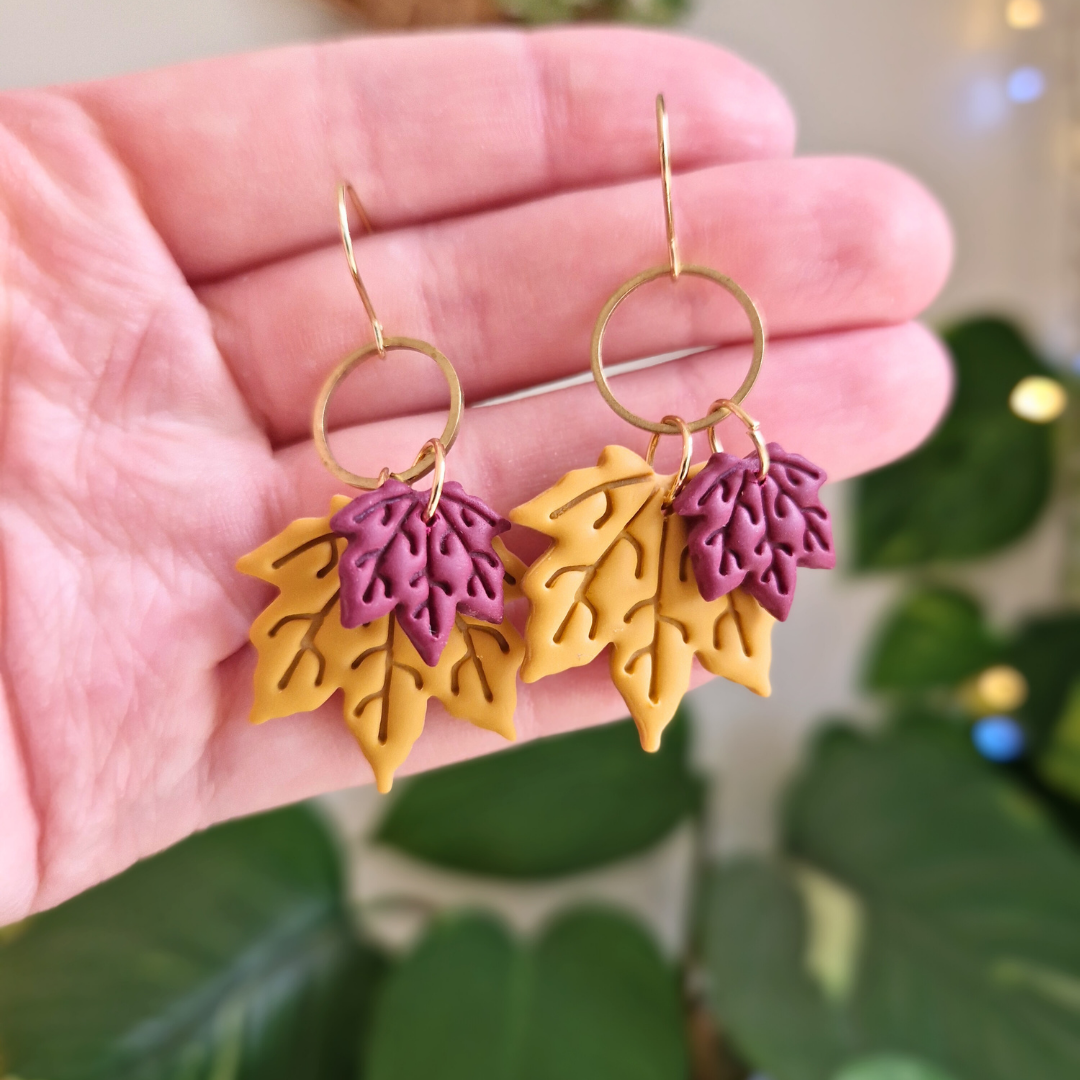 Duo Maple Leaf Drop Earrings with Brass Accent