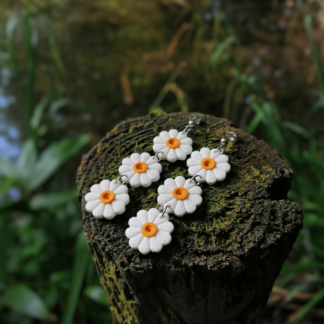 Statement Polymer Clay Daisy Chain Stud Earrings with a Nature Background, Hand Crafted in Dorset.