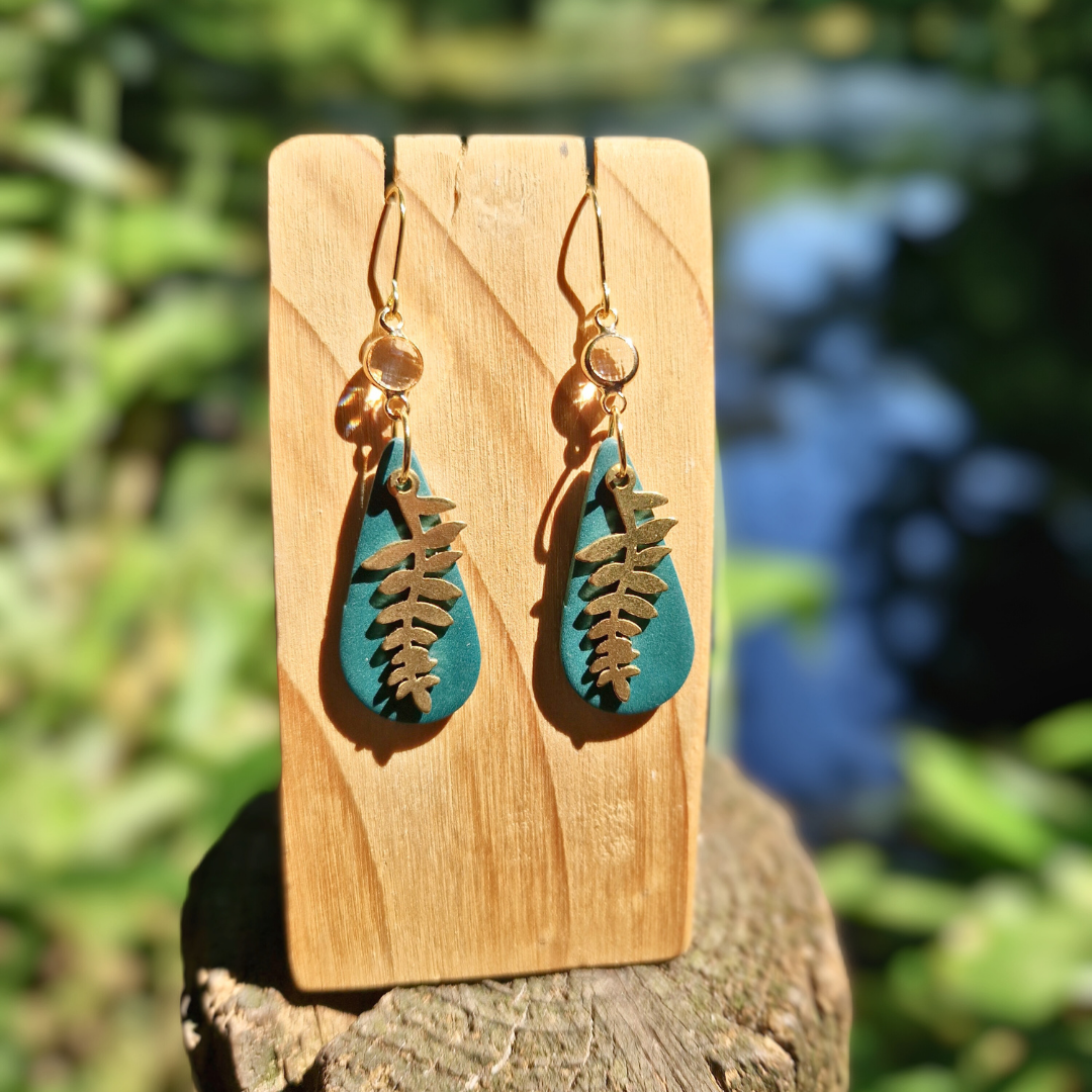 Polymer Clay Long Tear with Brass Fern Hook Earrings